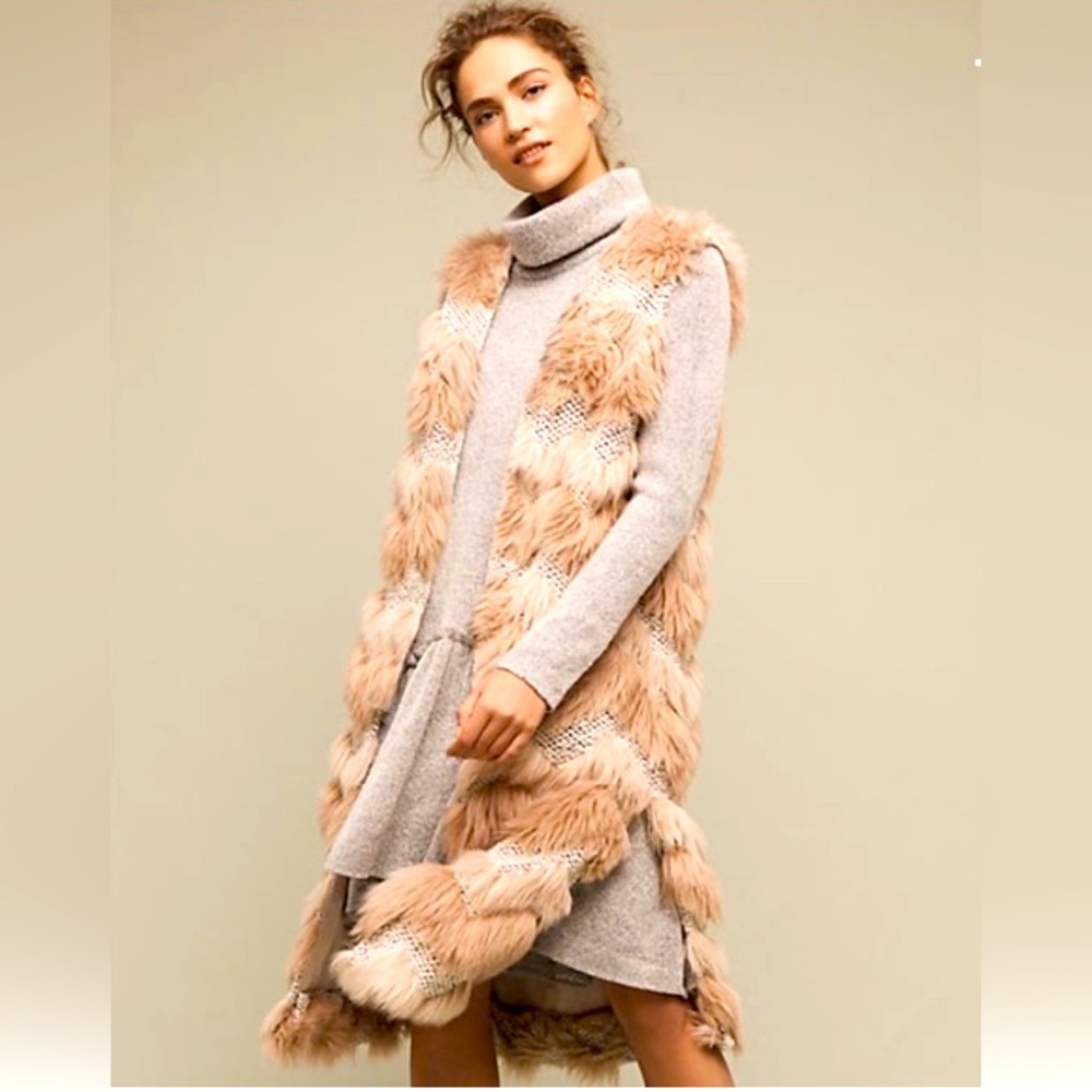 Anthropologie Hei Hei Chevron Faux Fur Long Vest Pink Gray + Pink Liner Sz Large